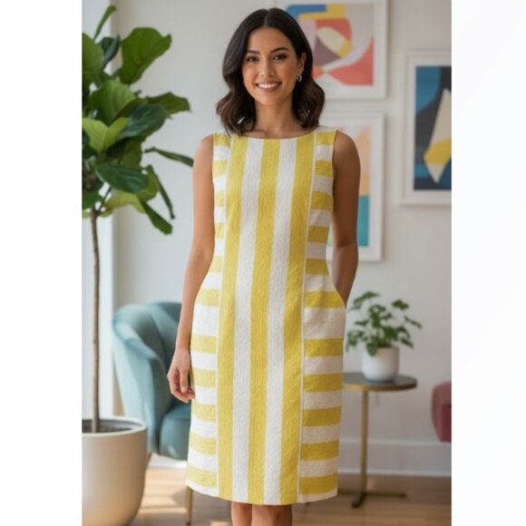 Taylor Dress NWT Yellow Striped Cotton Summer Sleeveless Lined Womens Size 14 - Picture 1 of 8